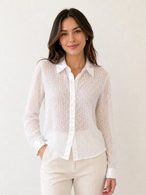 Mia Mia Ivory Vintage sequin-embellish Blouse Satin Collar Button Front Sheer PS